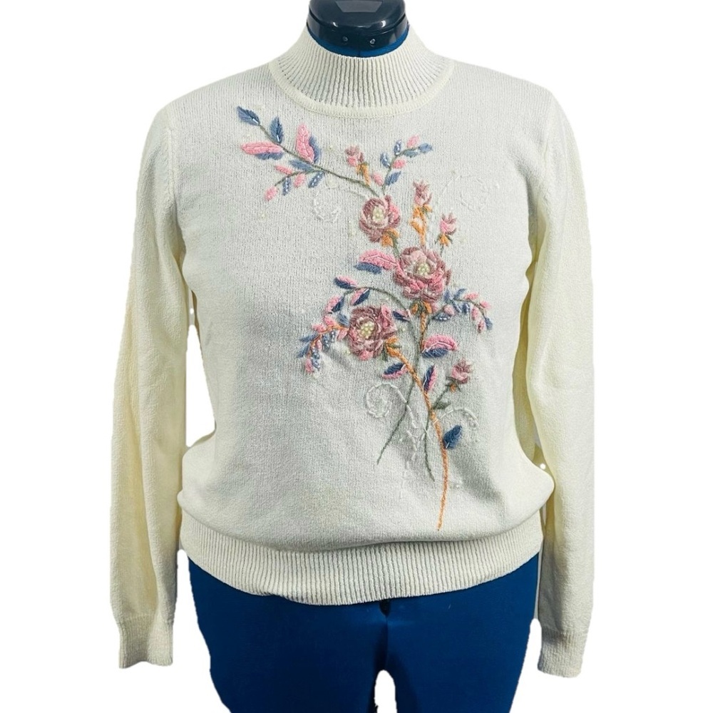 Vintage Alfred Dunner Petite White Pearl Floral Sweater Embroidered Size‎ PL